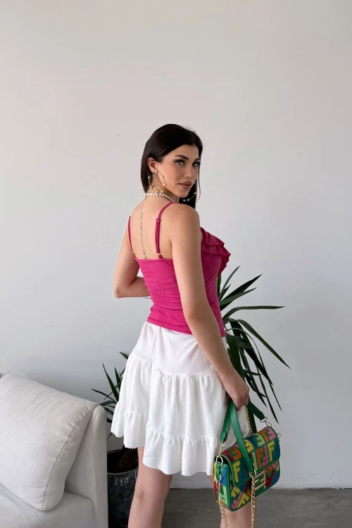 Fuşya İp Askılı Volan Detaylı Bluz BCDF-251089