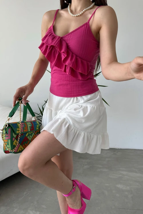 Fuşya İp Askılı Volan Detaylı Bluz BCDF-251089