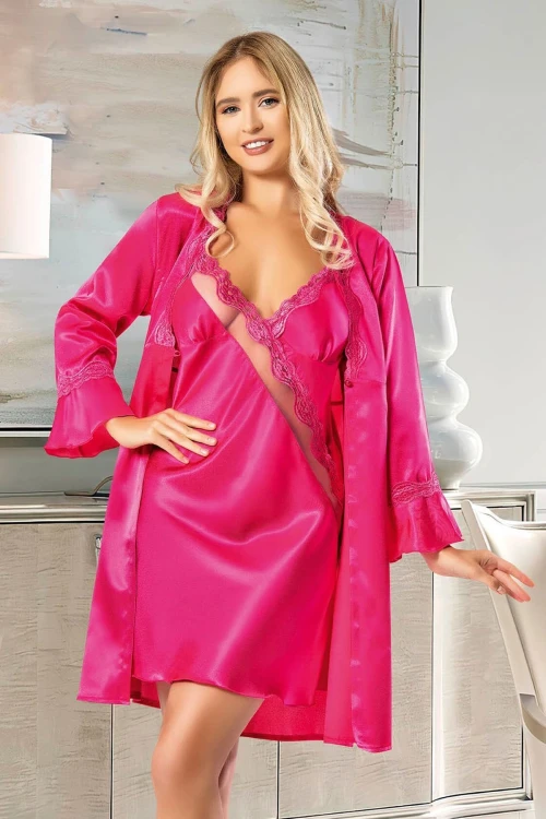 Fuşya Saten Dantel Detaylı Gecelik Sabahlık Ikili Takım BCAN-252025FA