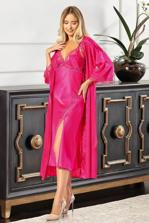Fuşya Saten Dantel Detaylı Gecelik Sabahlık Ikili Takım BCAN-252612FA