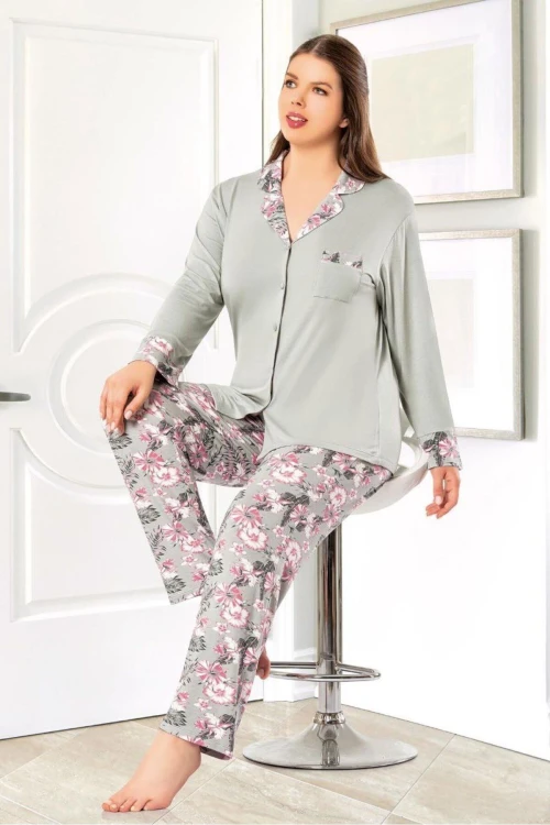 Gri Çiçek Desenli Önü Düğmeli Battal Pijama Takımı BCAN-258802FA