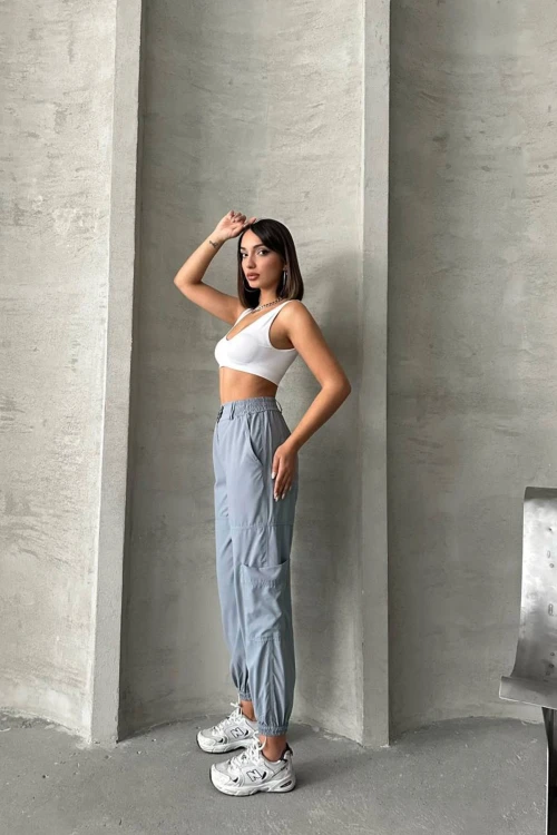 Gri Paraşüt Kumaş Cepli Kargo Jogger Pantolon BCHN-2525338