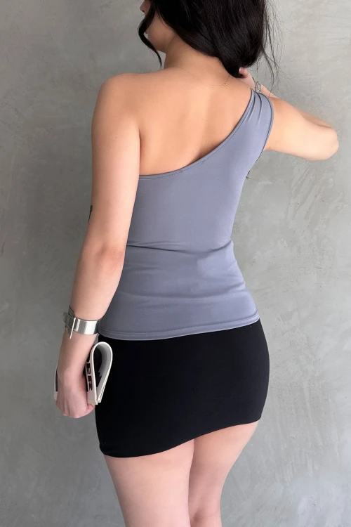 Gri Tek Omuz Çiçek Detaylı Sandy Bluz  BCDF-252174