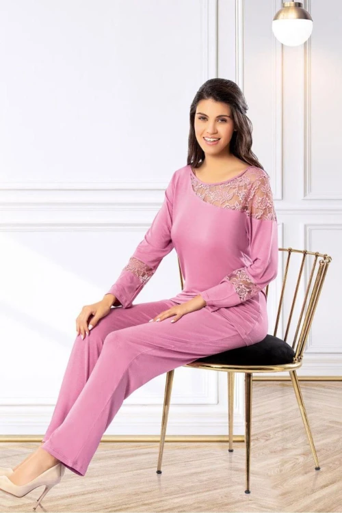 Gül Kurusu Dantel Detaylı Pijama Takımı BCAN-258617FA