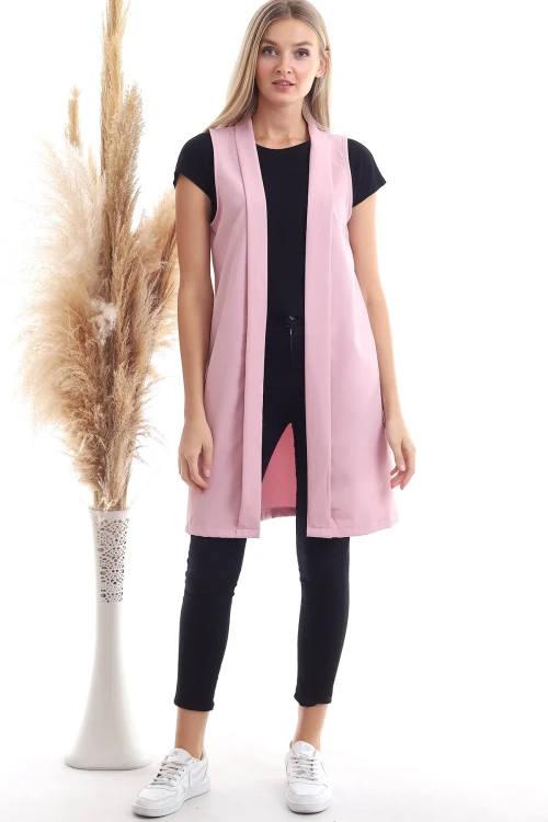 Gül Kurusu Pervazlı Kolsuz Uzun Dokuma Ceket CO-2520342974