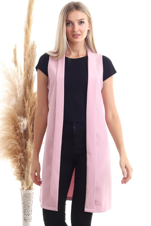 Gül Kurusu Pervazlı Kolsuz Uzun Dokuma Ceket CO-2520342974