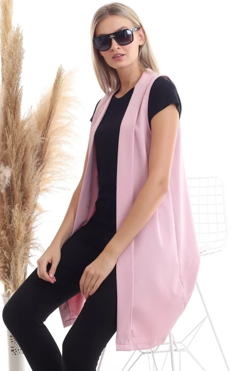 Gül Kurusu Pervazlı Kolsuz Uzun Dokuma Ceket CO-2520342974