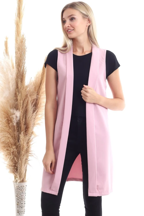 Gül Kurusu Pervazlı Kolsuz Uzun Dokuma Ceket CO-2520342974