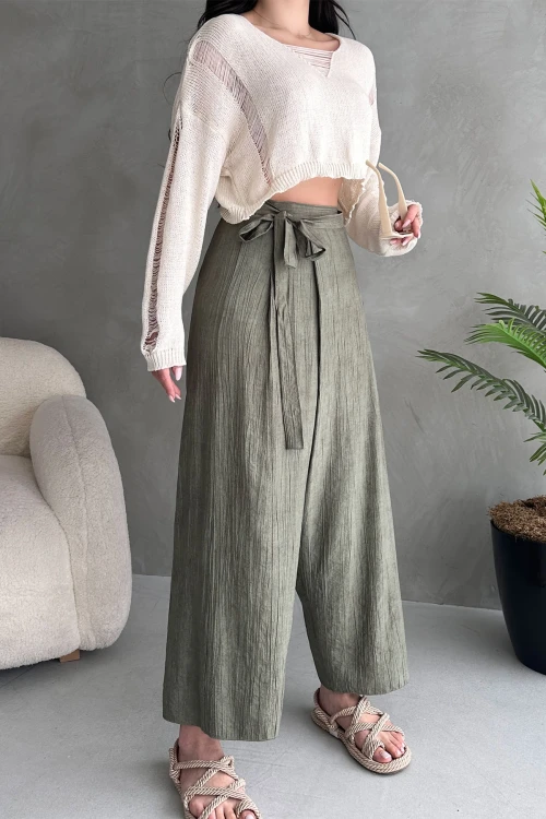 Haki Bağlamalı Anvelop Kesim Salaş Keten Dokuma Pantolon BCDF-251108