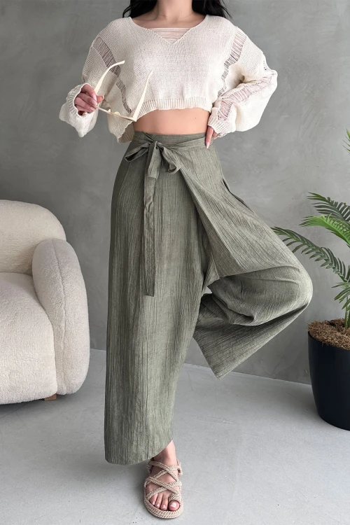 Haki Bağlamalı Anvelop Kesim Salaş Keten Dokuma Pantolon BCDF-251108
