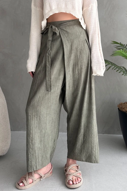 Haki Bağlamalı Anvelop Kesim Salaş Keten Dokuma Pantolon BCDF-251108