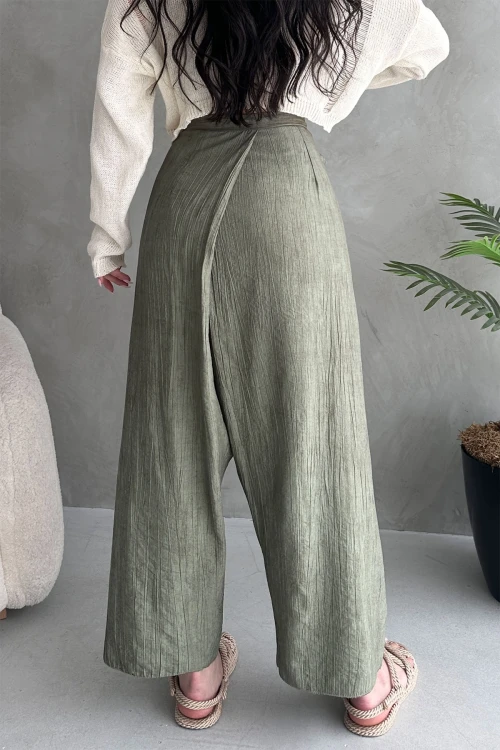 Haki Bağlamalı Anvelop Kesim Salaş Keten Dokuma Pantolon BCDF-251108