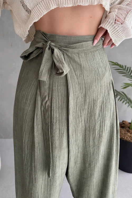 Haki Bağlamalı Anvelop Kesim Salaş Keten Dokuma Pantolon BCDF-251108