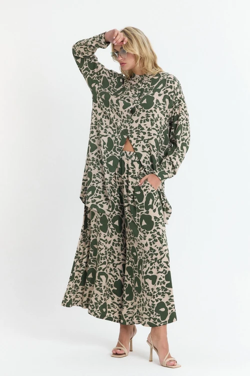 Haki Çiçek Desenli Uzun Tunik Ve Pantolon Dokuma Viscon Alt Üst Takım BCVL-25V053-2