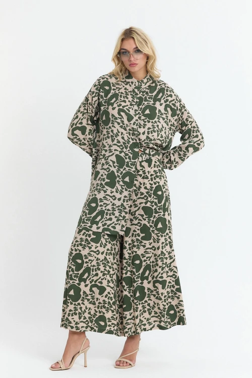 Haki Çiçek Desenli Uzun Tunik Ve Pantolon Dokuma Viscon Alt Üst Takım BCVL-25V053-2