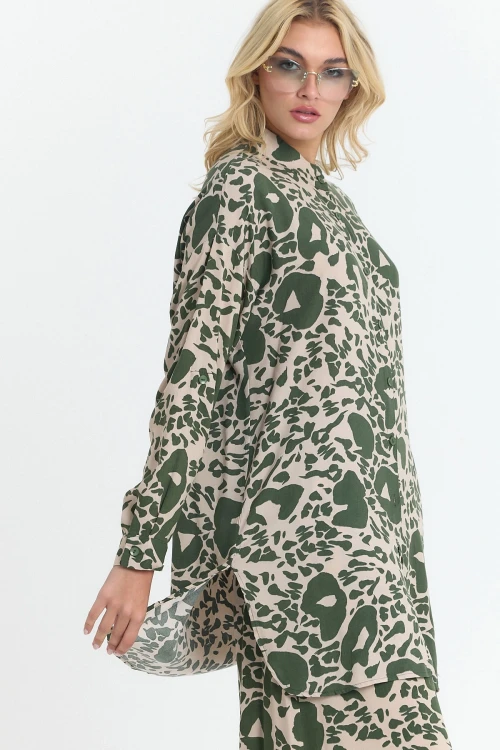 Haki Çiçek Desenli Uzun Tunik Ve Pantolon Dokuma Viscon Alt Üst Takım BCVL-25V053-2