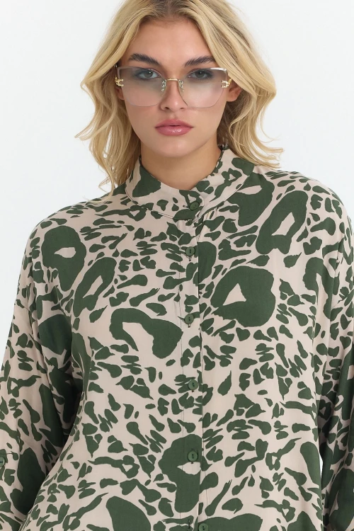 Haki Çiçek Desenli Uzun Tunik Ve Pantolon Dokuma Viscon Alt Üst Takım BCVL-25V053-2