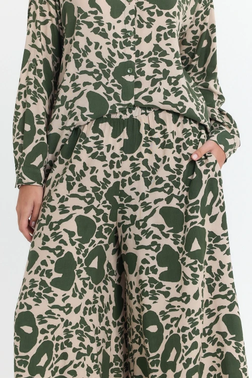 Haki Çiçek Desenli Uzun Tunik Ve Pantolon Dokuma Viscon Alt Üst Takım BCVL-25V053-2