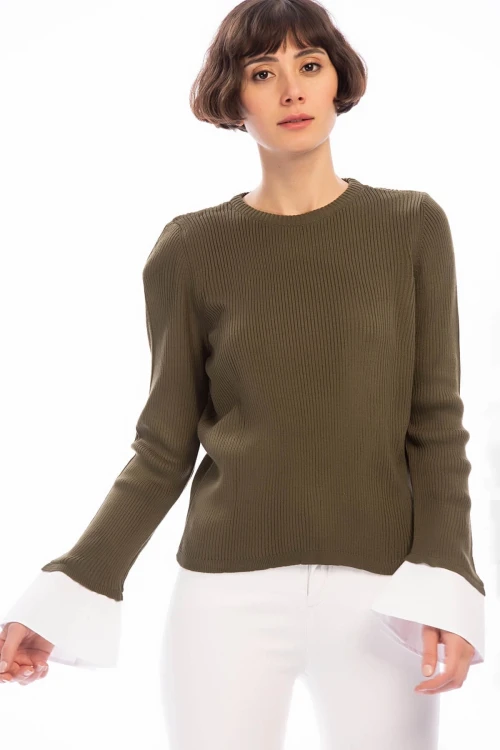 Haki İnce Fitilli Manşeti Garnili Uzun Kol Kaşkorse Bluz CO-258506003