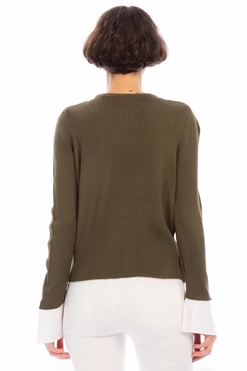 Haki İnce Fitilli Manşeti Garnili Uzun Kol Kaşkorse Bluz CO-258506003