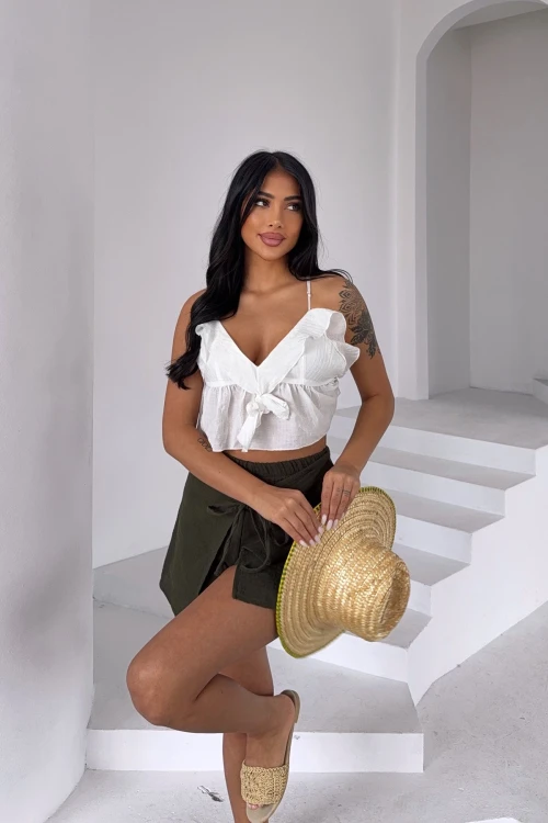 Haki Kruvaze Bağlamalı Muslin Kumaş Keten Dokuma Şort BCBT-251002