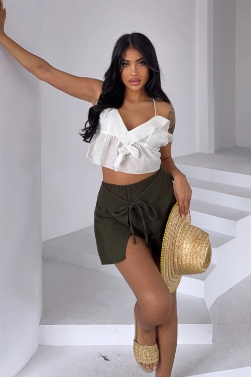 Haki Kruvaze Bağlamalı Muslin Kumaş Keten Dokuma Şort BCBT-251002