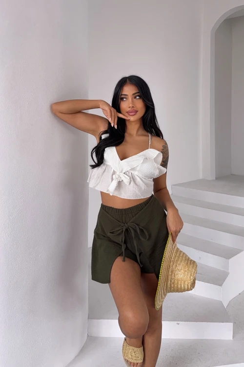 Haki Kruvaze Bağlamalı Muslin Kumaş Keten Dokuma Şort BCBT-251002