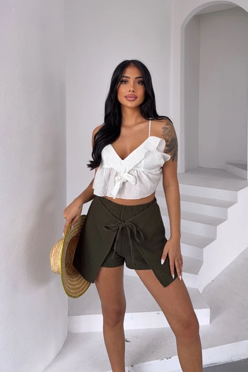 Haki Kruvaze Bağlamalı Muslin Kumaş Keten Dokuma Şort BCBT-251002