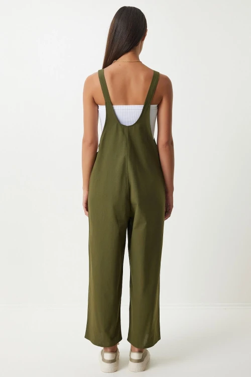 Haki Önü Cepli Askılı Yazlık Gabardin Bahçıvan Tulum