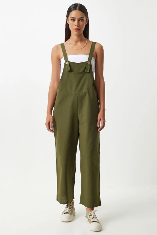 Haki Önü Cepli Askılı Yazlık Gabardin Bahçıvan Tulum