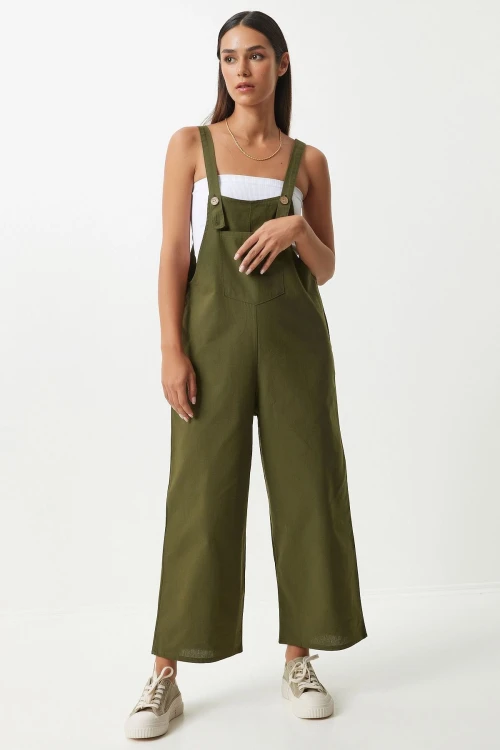 Haki Önü Cepli Askılı Yazlık Gabardin Bahçıvan Tulum