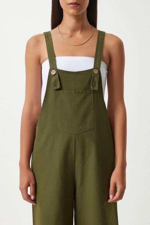 Haki Önü Cepli Askılı Yazlık Gabardin Bahçıvan Tulum