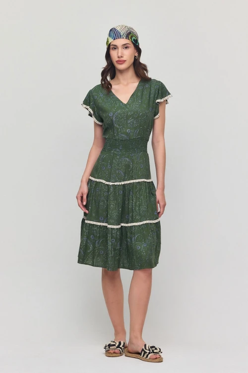 Haki V Yaka Nervürlü Çiçek Desenli Yazlık Viscon Elbise BCVL-25V054