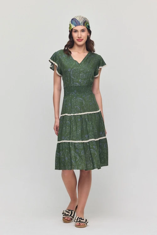 Haki V Yaka Nervürlü Çiçek Desenli Yazlık Viscon Elbise BCVL-25V054