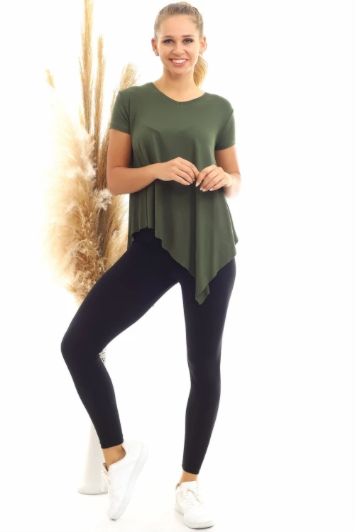 Haki Viskon V Yaka Asimetrik Kesim Kısa Kol Bluz CO-2520060632