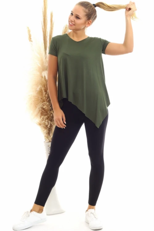 Haki Viskon V Yaka Asimetrik Kesim Kısa Kol Bluz CO-2520060632