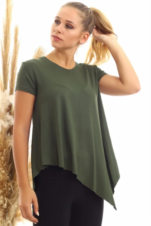 Haki Viskon V Yaka Asimetrik Kesim Kısa Kol Bluz CO-2520060632