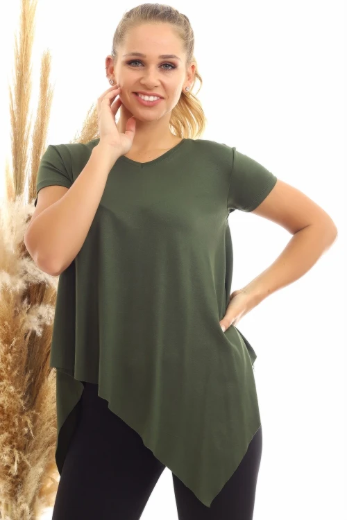 Haki Viskon V Yaka Asimetrik Kesim Kısa Kol Bluz CO-2520060632