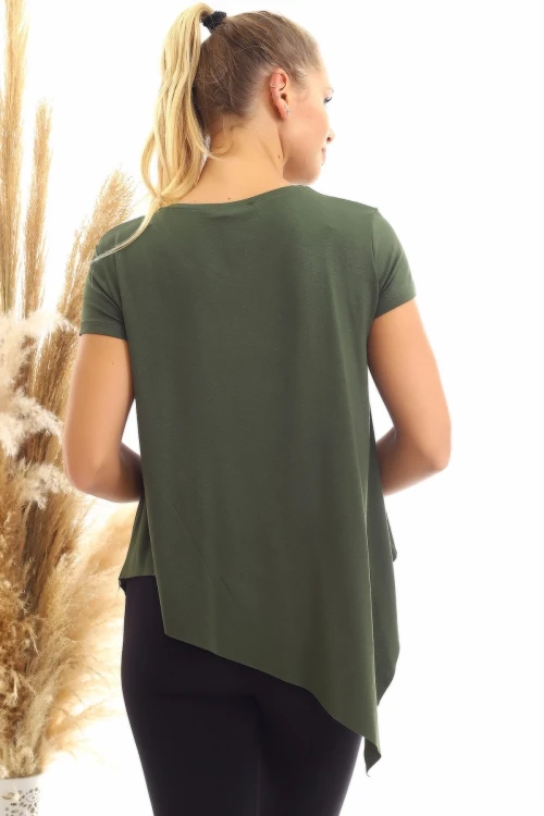 Haki Viskon V Yaka Asimetrik Kesim Kısa Kol Bluz CO-2520060632