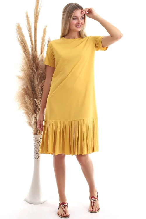 Hardal Eteği Piliseli Kısa Kol Elbise CO-259303044