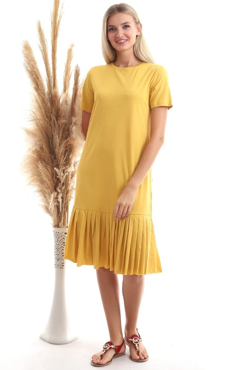 Hardal Eteği Piliseli Kısa Kol Elbise CO-259303044