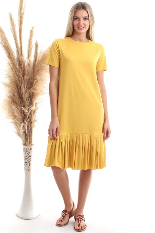 Hardal Eteği Piliseli Kısa Kol Elbise CO-259303044