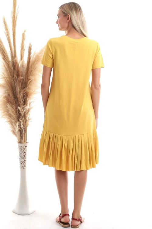 Hardal Eteği Piliseli Kısa Kol Elbise CO-259303044