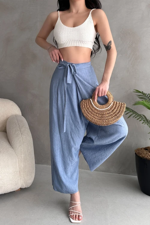 Havacı Mavi Bağlamalı Anvelop Kesim Salaş Keten Dokuma Pantolon BCDF-251108
