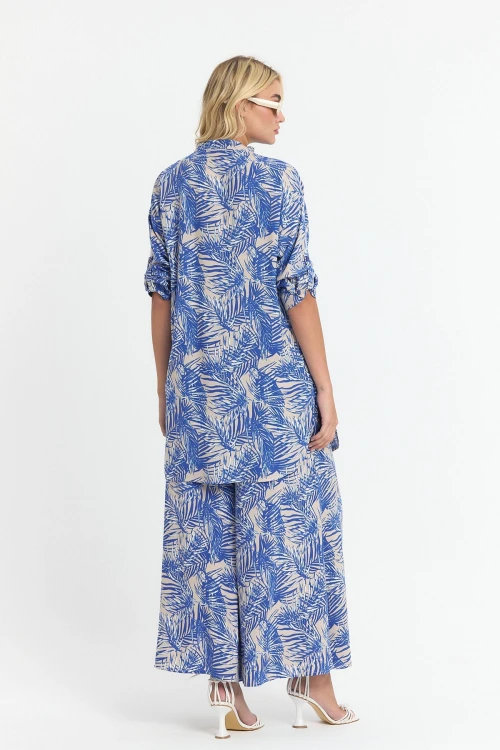 İndigo Çiçek Desenli Uzun Tunik Ve Pantolon Dokuma Viscon Alt Üst Takım BCVL-25V053-2