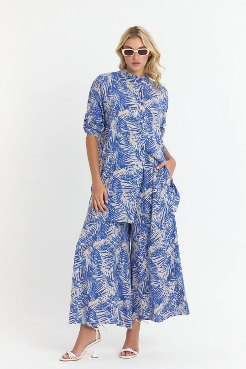 İndigo Çiçek Desenli Uzun Tunik Ve Pantolon Dokuma Viscon Alt Üst Takım BCVL-25V053-2