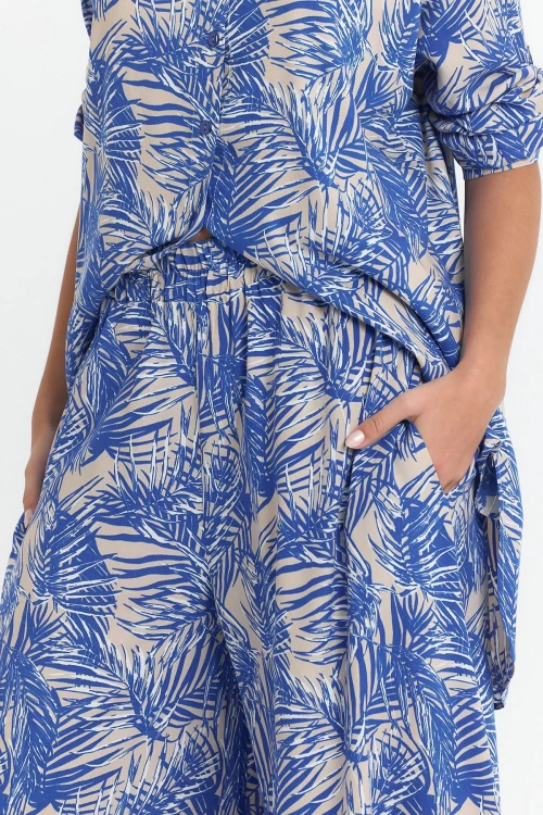 İndigo Çiçek Desenli Uzun Tunik Ve Pantolon Dokuma Viscon Alt Üst Takım BCVL-25V053-2