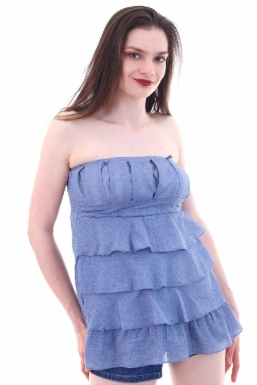 İndigo Straplez Fırfırlı Dokuma Bluz CO-253022