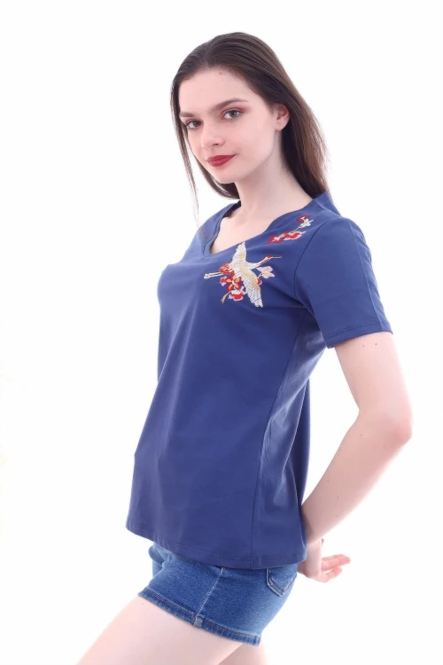 İndigo V Yaka Nakış İşlemeli Boyfriend Kısa Kol Bluz CO-257130562