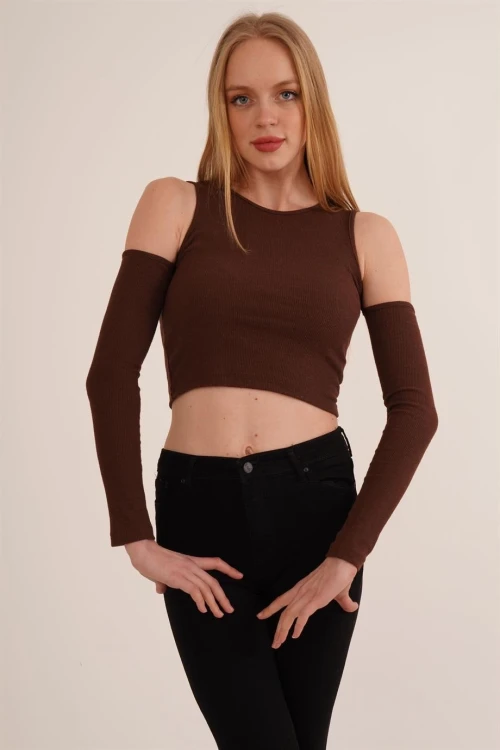 Kahve Omuz Dekoltekli Uzun Kol Pamuklu Kaşkorse Bluz CO-2523254280